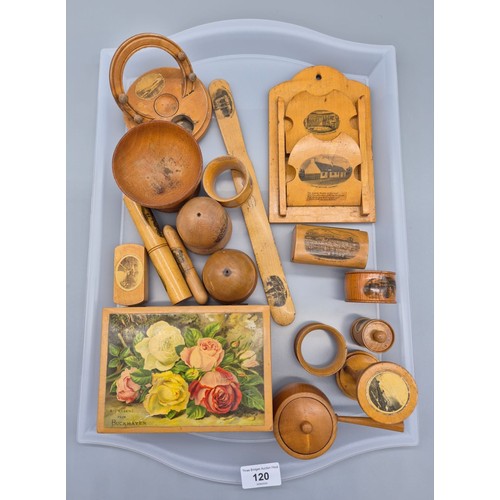 120 - Tray of Mauchline ware; Burns cottage wall mounted letter holder, The Glen- Loch Ransa egg Timer, Ma... 