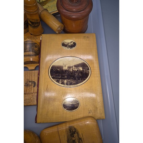 122 - Tray of various Mauchline ware; Balmoral Castle blotter, Sewing thread bobbins, Interior of Burns co... 