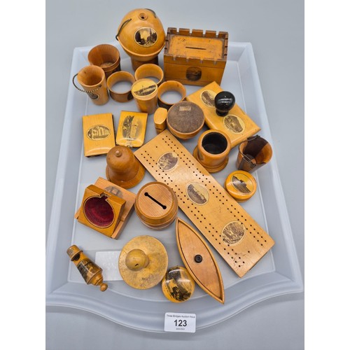 123 - Tray of Mauchline ware; High St- Dundee wool dispenser, Alloway Kirk pin cushion, Banff House ring b... 