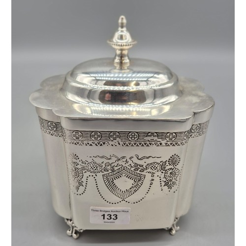 133 - Antique Edwardian silver plated engraved lidded tea caddy box. [20cm high]