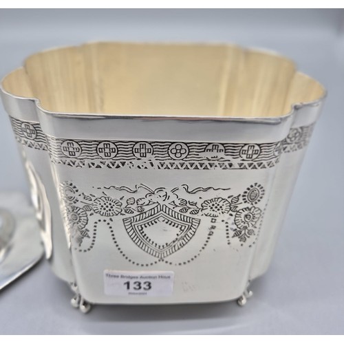 133 - Antique Edwardian silver plated engraved lidded tea caddy box. [20cm high]