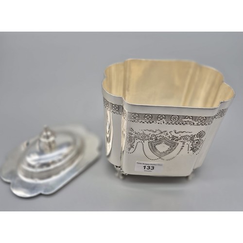 133 - Antique Edwardian silver plated engraved lidded tea caddy box. [20cm high]