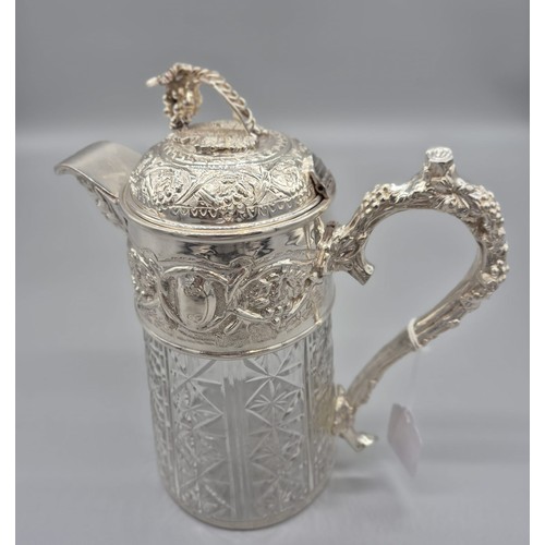 137 - Victorian Silver plate tankard Jug, Ornate grape and vine finial and raised relief design. Cut glass... 