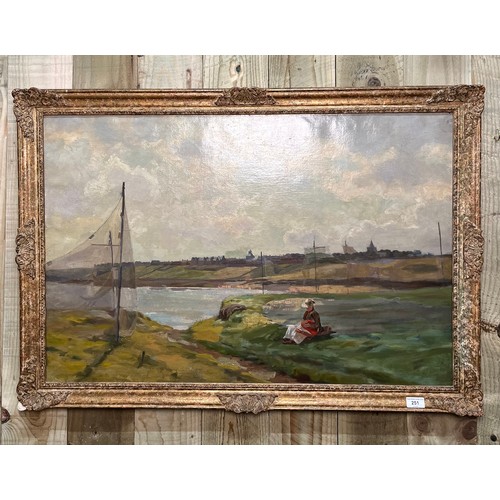 251 - 19th century oil on canvas; Lady reading on grass verge. Unsigned. Fitted within a moulded frame. [F...