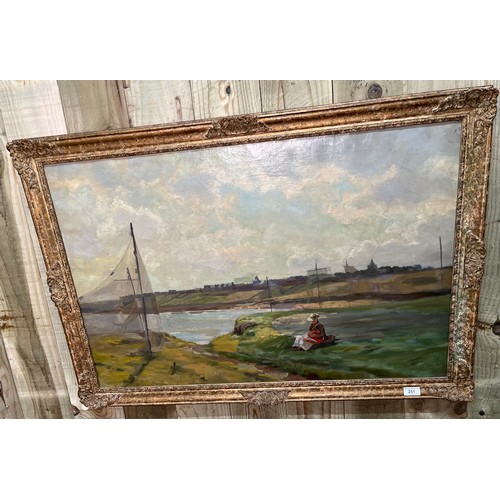 251 - 19th century oil on canvas; Lady reading on grass verge. Unsigned. Fitted within a moulded frame. [F... 