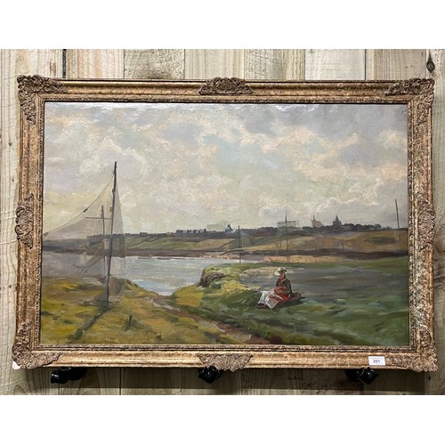 251 - 19th century oil on canvas; Lady reading on grass verge. Unsigned. Fitted within a moulded frame. [F... 