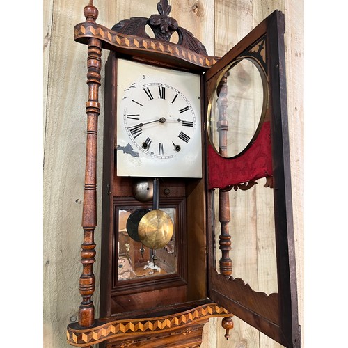 432 - Antique Victorian wall clock, Walnut, stained beech and inlaid clock case with circular dial set wit... 