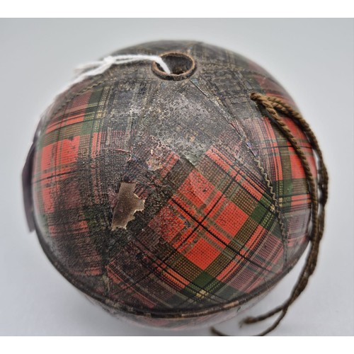 218 - Antique Mauchline Tartan ware wool dispenser. Raised upon three pin legs. [11cm high]