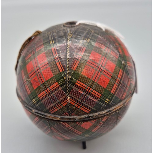 218 - Antique Mauchline Tartan ware wool dispenser. Raised upon three pin legs. [11cm high]