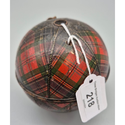 218 - Antique Mauchline Tartan ware wool dispenser. Raised upon three pin legs. [11cm high]