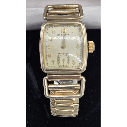 47 - Vintage 1950's 10ct yellow gold filled Hamilton Tank gent's manual windup wrist watch. Fitted with a... 