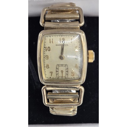 47 - Vintage 1950's 10ct yellow gold filled Hamilton Tank gent's manual windup wrist watch. Fitted with a... 