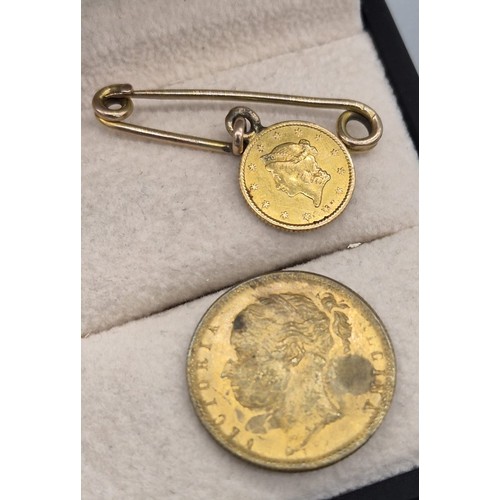 56 - 1853 Liberty Head one dollar gold coin attached to a 9ct yellow gold bar. Together with a Victorian ... 