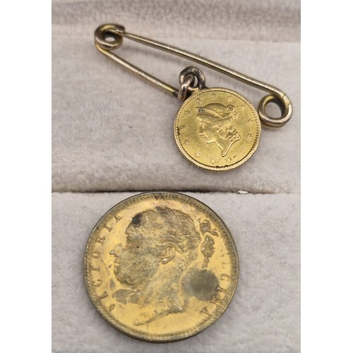 56 - 1853 Liberty Head one dollar gold coin attached to a 9ct yellow gold bar. Together with a Victorian ... 