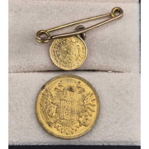 56 - 1853 Liberty Head one dollar gold coin attached to a 9ct yellow gold bar. Together with a Victorian ... 