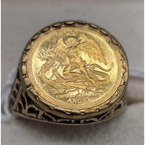 61 - 1987 Isle of Man Fine Gold 1/20 ounce Angel coin fitted within a 9ct yellow gold ring. [Ring size P]... 