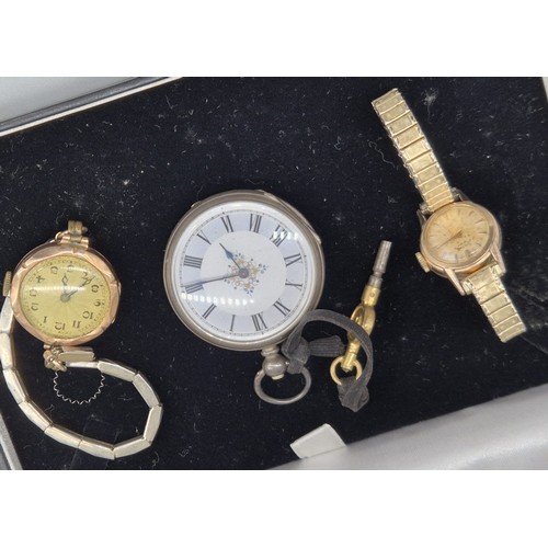 69 - 9ct yellow gold cased ladies watch, Gold plated Favre Leuba ladies watch and Antique fine silver fob... 