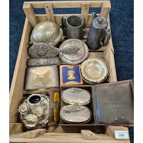 398 - Crate of collectables; Pair of Birmingham silver hand brushes within a leather travel case, Silver h... 