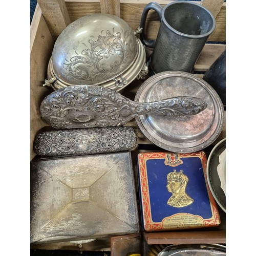 398 - Crate of collectables; Pair of Birmingham silver hand brushes within a leather travel case, Silver h... 