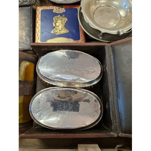 398 - Crate of collectables; Pair of Birmingham silver hand brushes within a leather travel case, Silver h... 