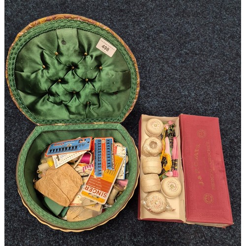 498 - Vintage sewing box and Crochet reels