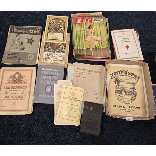 497 - Box of Vintage Edinburgh festival magazines, Royalty magazines. newspapers and various sheet music a... 