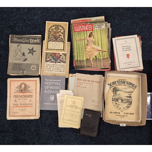 497 - Box of Vintage Edinburgh festival magazines, Royalty magazines. newspapers and various sheet music a... 