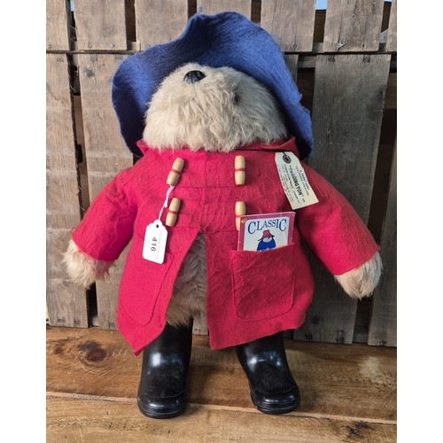 416 - Vintage Eden Paddington Bear plush toy- blue hat, red coat, tag and booklet. [49cm high]