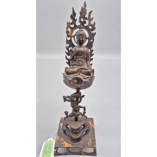 120A - Antique Qing dynasty Chinese Bronze Buddha sat upon a flaming lotus flower, Single pedestal detailin... 