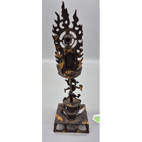 120A - Antique Qing dynasty Chinese Bronze Buddha sat upon a flaming lotus flower, Single pedestal detailin... 