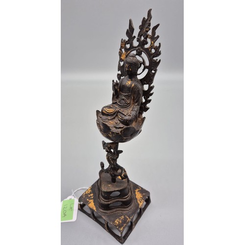 120A - Antique Qing dynasty Chinese Bronze Buddha sat upon a flaming lotus flower, Single pedestal detailin... 