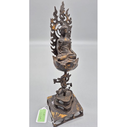 120A - Antique Qing dynasty Chinese Bronze Buddha sat upon a flaming lotus flower, Single pedestal detailin... 