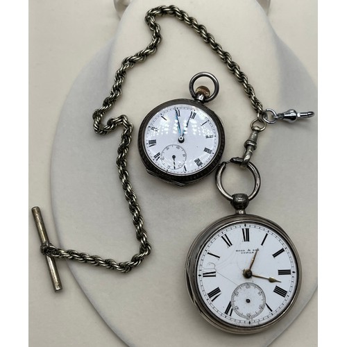 53 - Chester silver pocket watch by Hood & Son Cupar, comes with a plated chain and T-Bar. Together with ... 