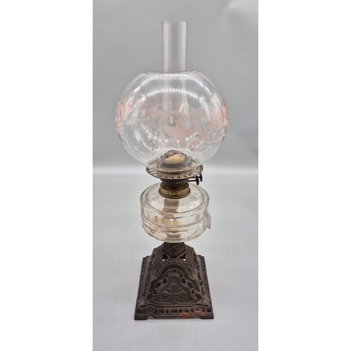 156 - Victorian table top oil lamp; Glass funnel and globe leading to a brass burner and glass shaped body... 