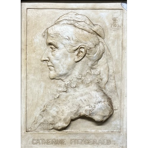 160 - Antique plaster raised relief mould depicting a side portrait of 'Catherine Fitzgerald' Signed S.K. ... 