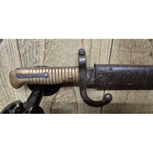 164 - 1868 French Bayonet with Scabbard. Push button seized. [71cm length]