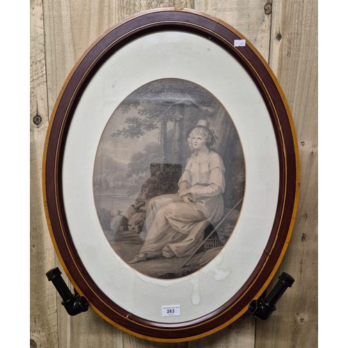 250 - 19th century engraving depicting a seated lady shepherd. Fitted in an oval form frame. [Frame- 67x52... 