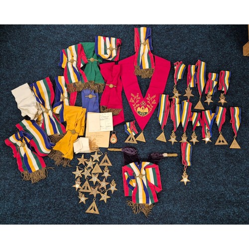 172 - Box containing a large selection of Masonic lodge sashes and jewels. Together with a Masonic Lodge s... 