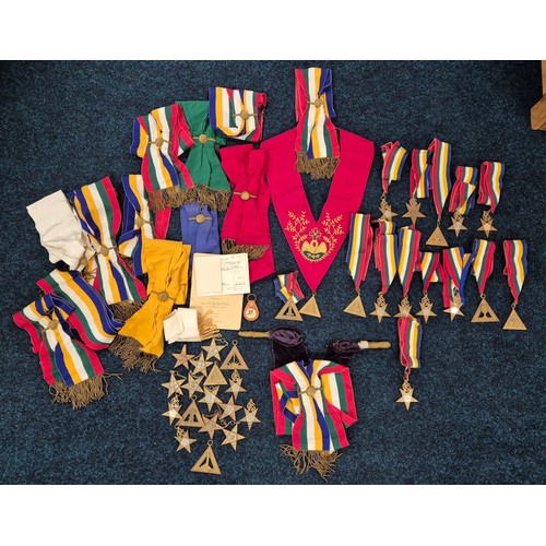 172 - Box containing a large selection of Masonic lodge sashes and jewels. Together with a Masonic Lodge s... 