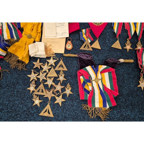 172 - Box containing a large selection of Masonic lodge sashes and jewels. Together with a Masonic Lodge s... 