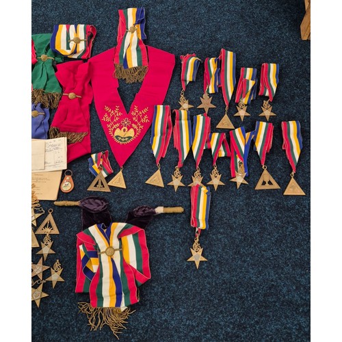 172 - Box containing a large selection of Masonic lodge sashes and jewels. Together with a Masonic Lodge s... 