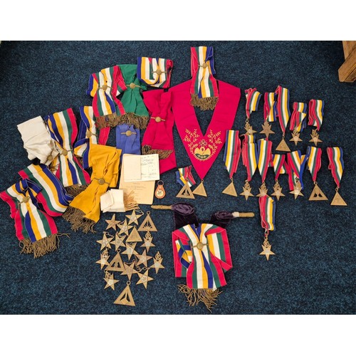 172 - Box containing a large selection of Masonic lodge sashes and jewels. Together with a Masonic Lodge s... 