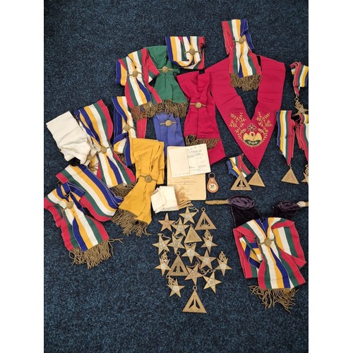 172 - Box containing a large selection of Masonic lodge sashes and jewels. Together with a Masonic Lodge s... 