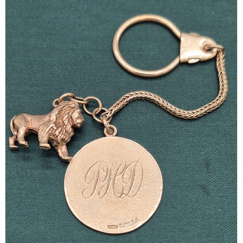 4 - 9ct yellow gold key chain, I.D. Fob and Lion Charm- all marked 9ct. [15.87grams]