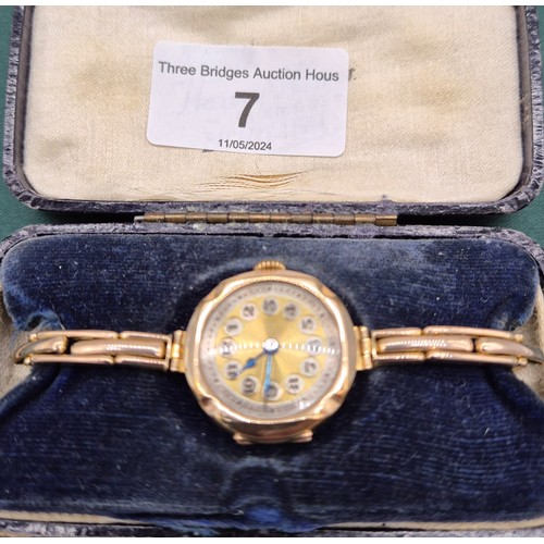 7 - Antique 9ct yellow gold ladies cocktail wrist watch with 9ct gold gold elasticated band. [16.75grams... 