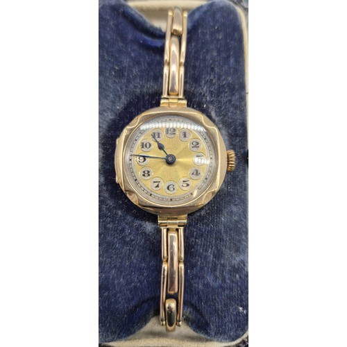 7 - Antique 9ct yellow gold ladies cocktail wrist watch with 9ct gold gold elasticated band. [16.75grams... 