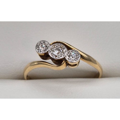 12 - Antique 18ct yellow gold ladies ring set with three round cut diamonds. [Ring size N 1/2] [2.29Grams... 