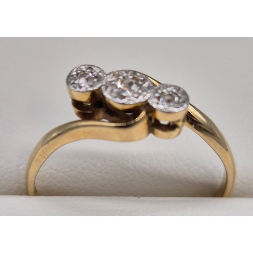 12 - Antique 18ct yellow gold ladies ring set with three round cut diamonds. [Ring size N 1/2] [2.29Grams... 