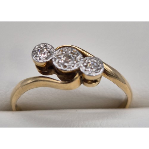 12 - Antique 18ct yellow gold ladies ring set with three round cut diamonds. [Ring size N 1/2] [2.29Grams... 