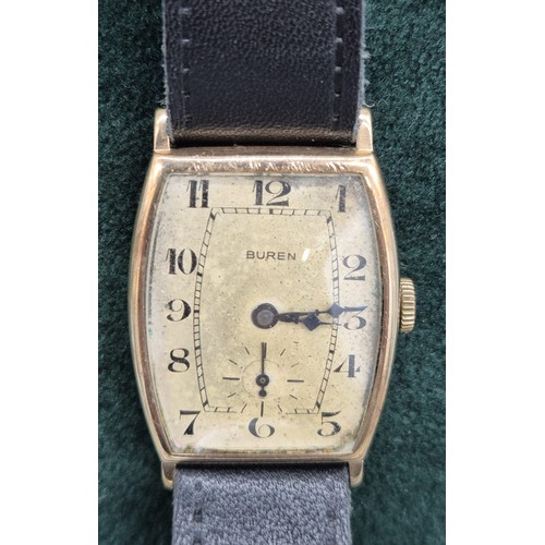 15 - Antique 9ct yellow gold gent's Buren wristwatch. In a working condition- may need a service. Comes w... 